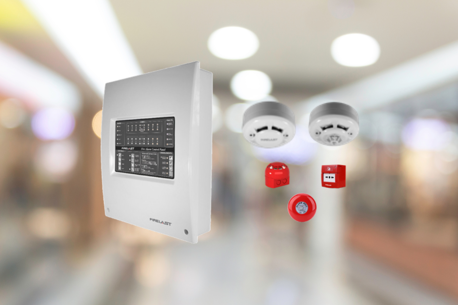 Firelast conventional fire alarm control panel with detectors and alarm sounders