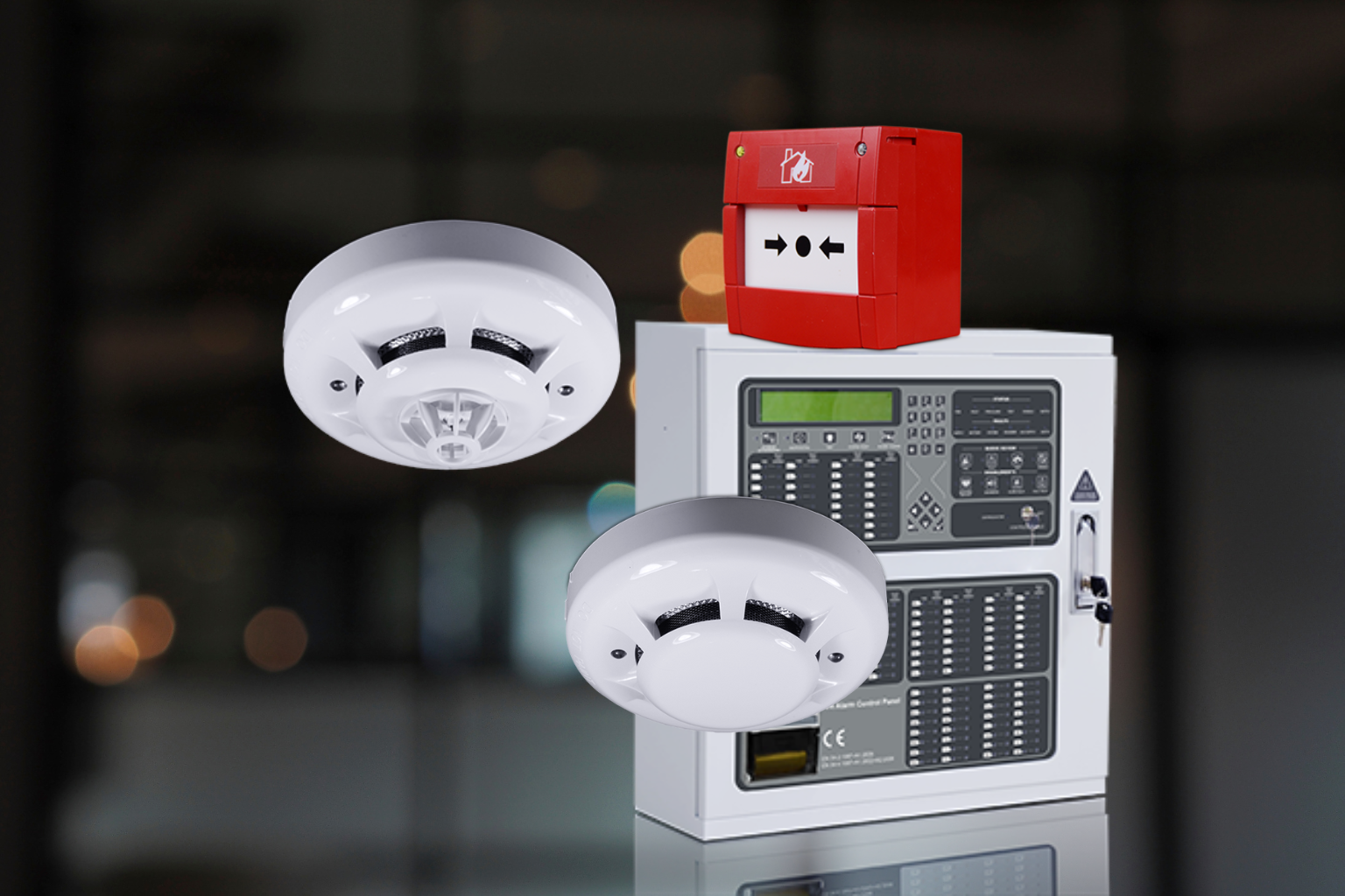 Firelast addressable fire alarm panel, smoke detectors, and manual call point
