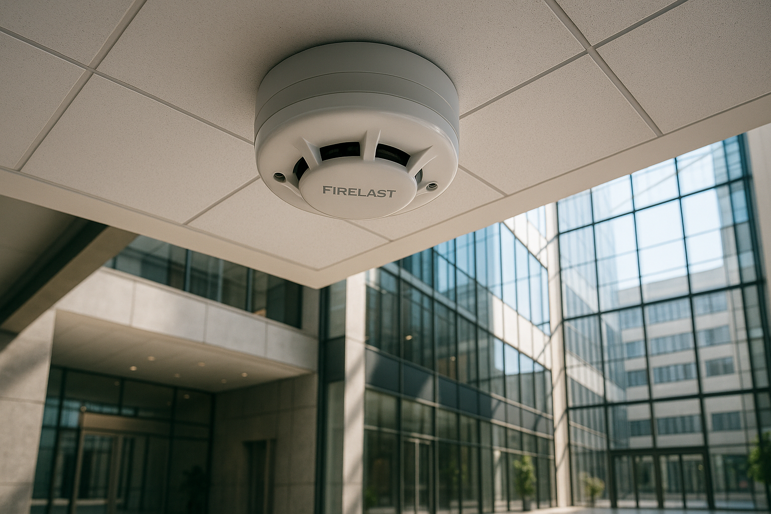 Firelast smoke detector installed on the ceiling of a commercial building